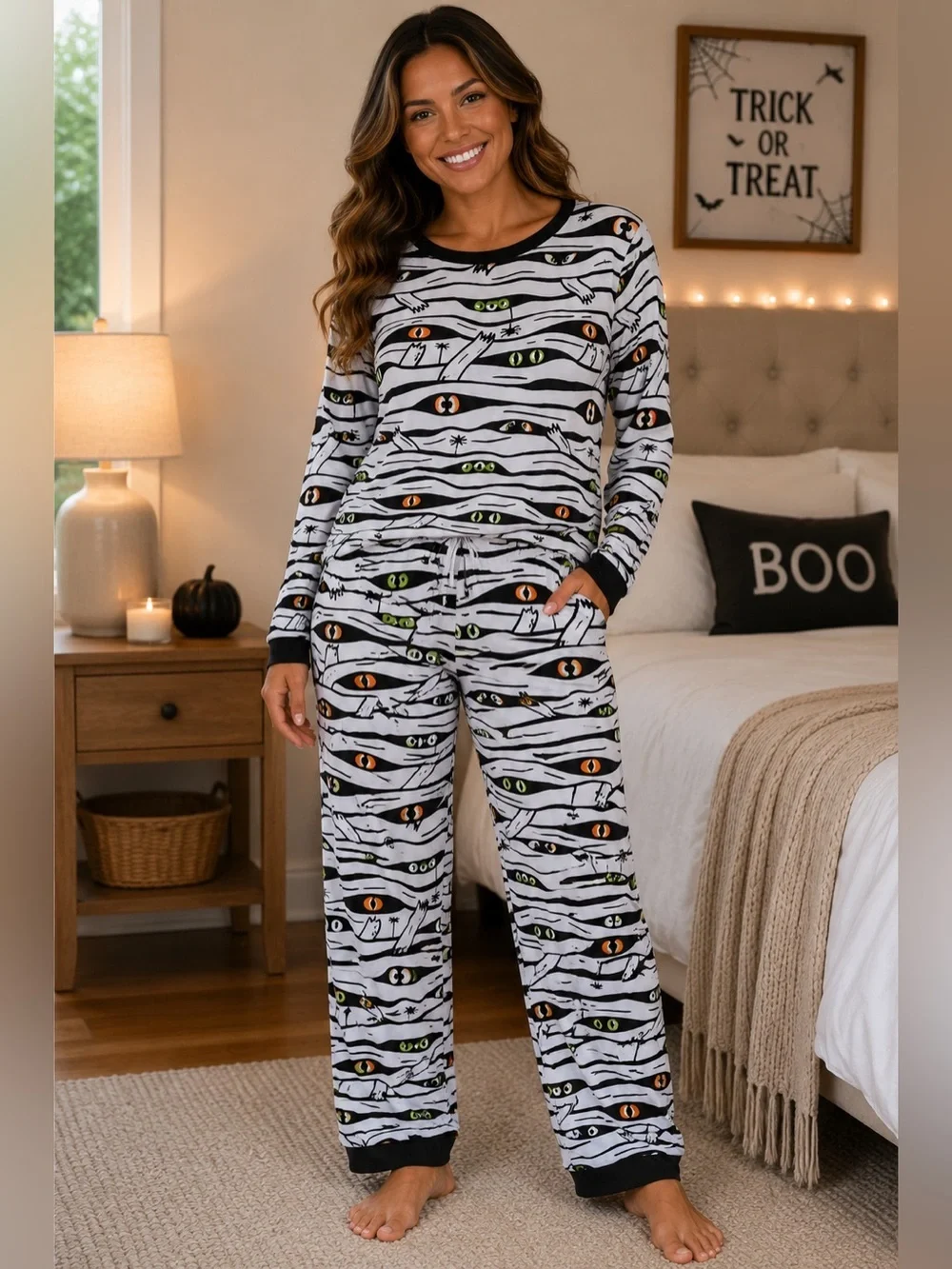 Serra White & Black Mummy Eye Long Sleeve Pajama Set with Green & Orange Eyes